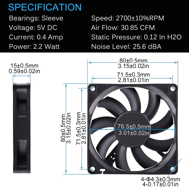 GDSTIME USB Connector 80mm x 80mm x 15mm DC 5V Power 3 Inch Brushless Cooling Fan - Image 2